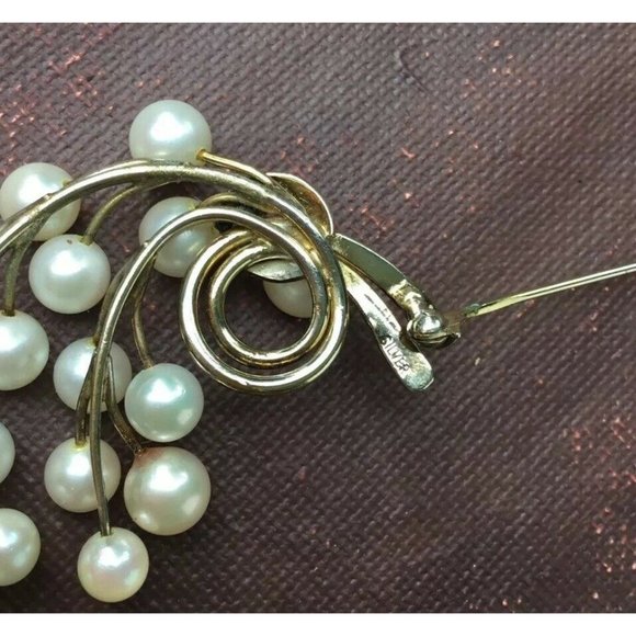 Vintage 1970’s Silver Japanese 17 Cultured Pearl Pin Brooch Mid Century Modern - Picture 8 of 8